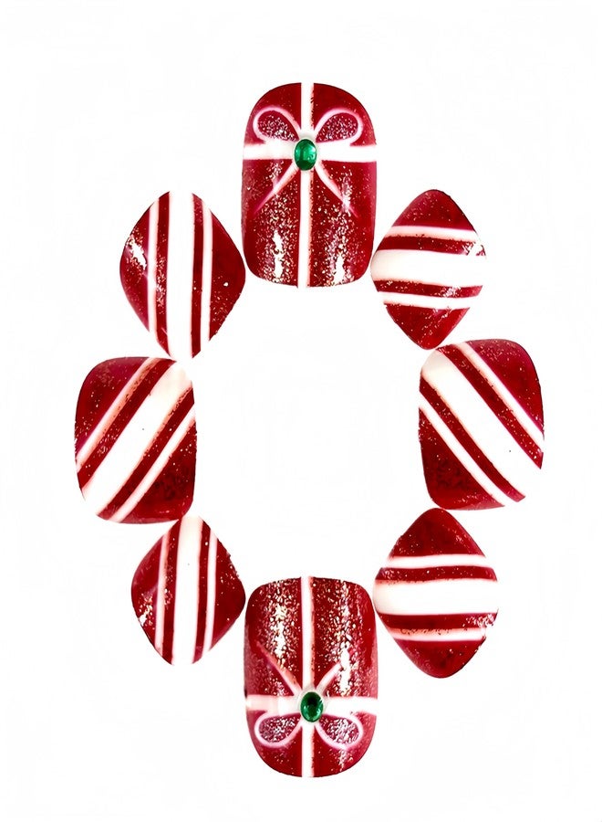 SHUXILIN 24Pcs Christmas Press on Toenails Short - SHUXILIN Rose Red Fake Toenails Glitter Rhinestone Glue on Toe Nails with Gift Box Candy Stripe Design Artificial Square Stick on Toe Nails for Women Girls - Image 4